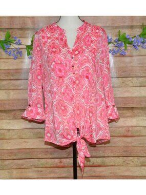 Cocomo Pink Floral Popover Tie Waist V-Neck Blouse Top Roll Tab Sleeves Plus 1X